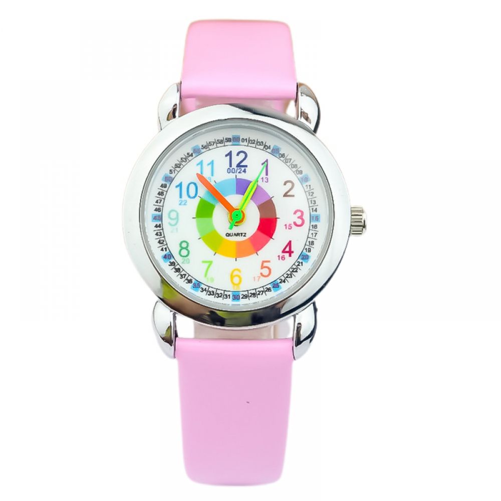 Digital watches for children boys and girls. Children's belt watch color word color circle quartz watch. Easy to read and easy to learn time (pink)