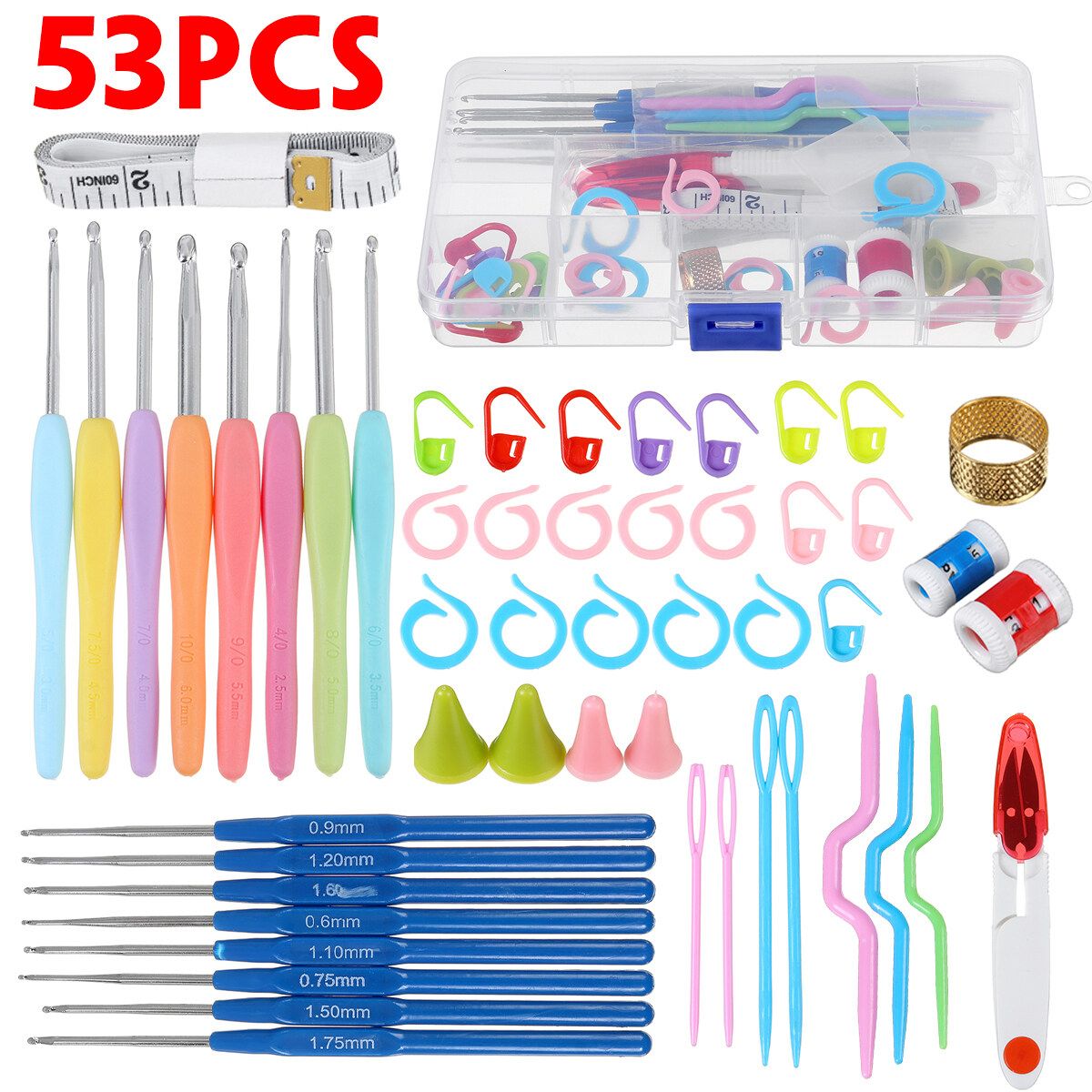 53Pcs Crochet Hooks Tools Knitting Needles Stitches Knit Weave Craft Yarn Set