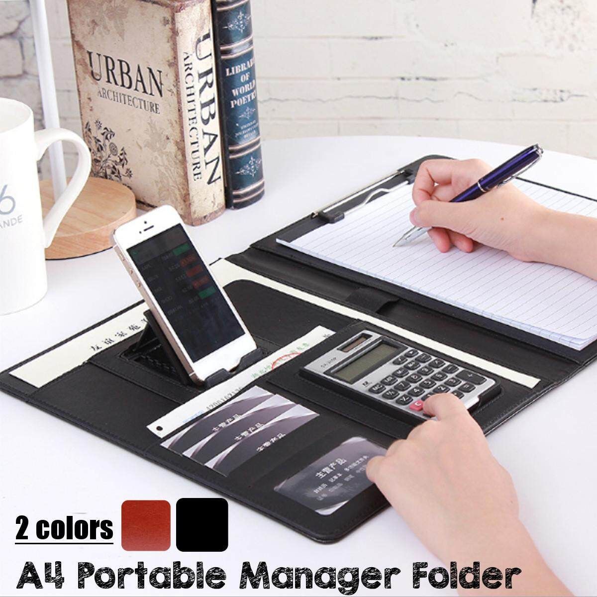 Multi-functional Leather A4 Document Bags Holder Briefcase Folder Calculator Bags School Office Manager Sales File Cacao