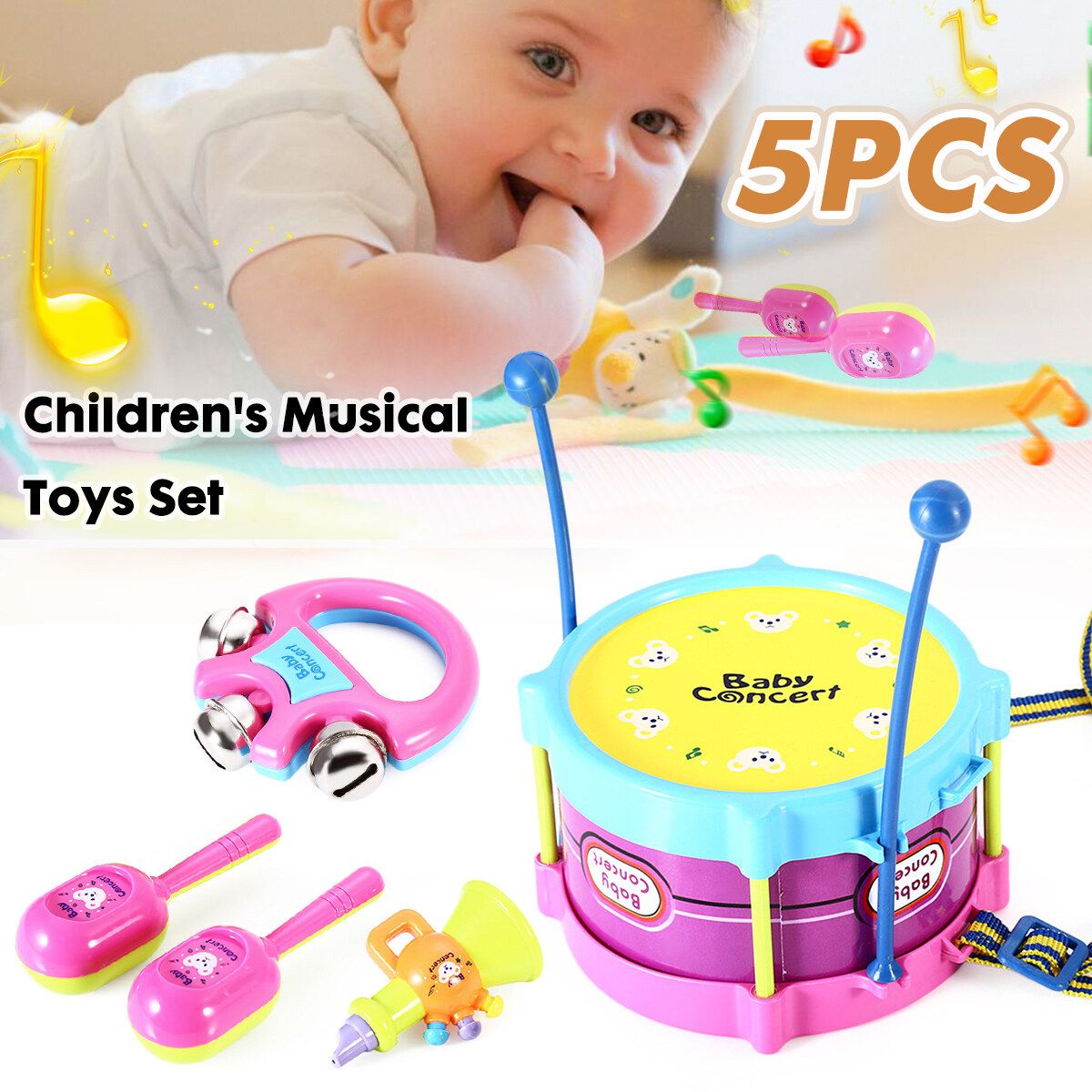 5PCS Boy & Girl Children Drum Musical Toy Kit Musical Instruments For Kids Gifts