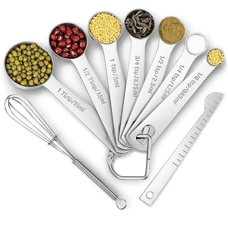 9Pcs/Set Measuring Spoons Scoop Stainless Steel Multifunctional Cups Creative Kitchen Scale Baking Teaspoons Sugar Coffee Tools