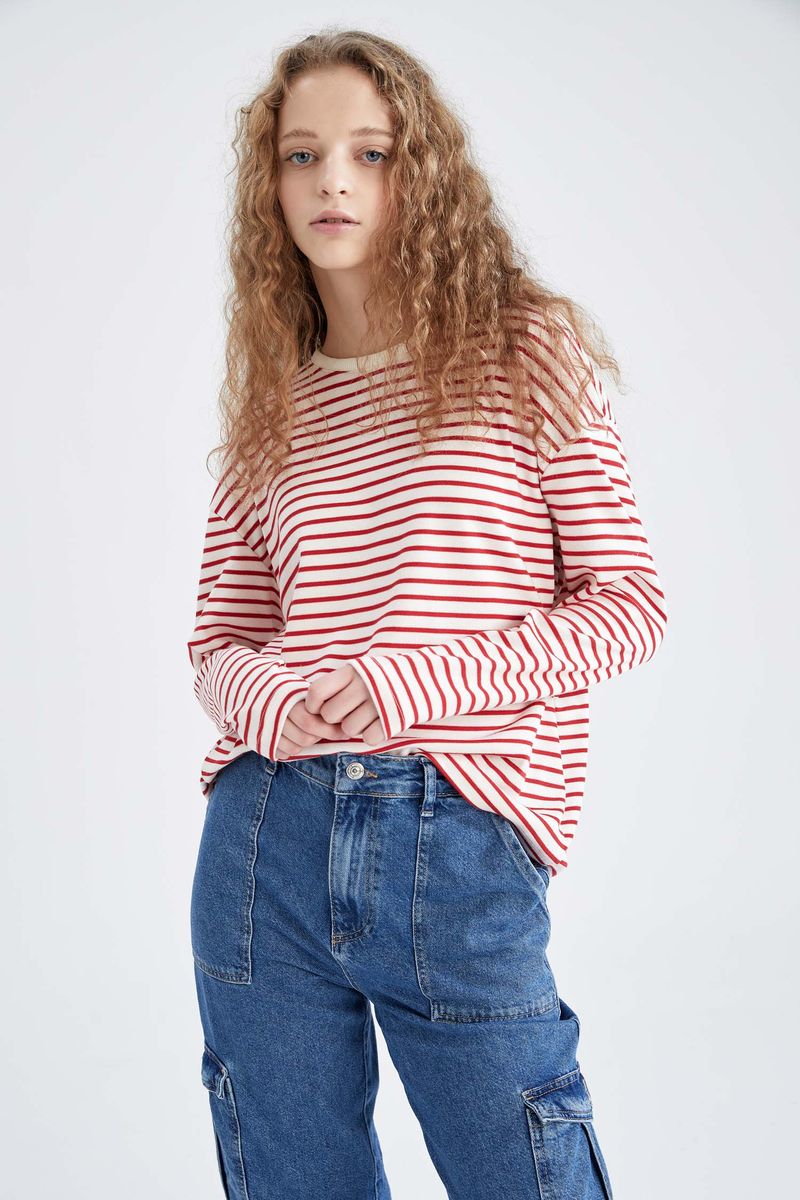 Woman Young Regular Fit Crew Neck Knitted Long Sleeve T-Shirt - Red