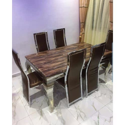 Marble Dining Table With 6 Sitting Chairs Brown