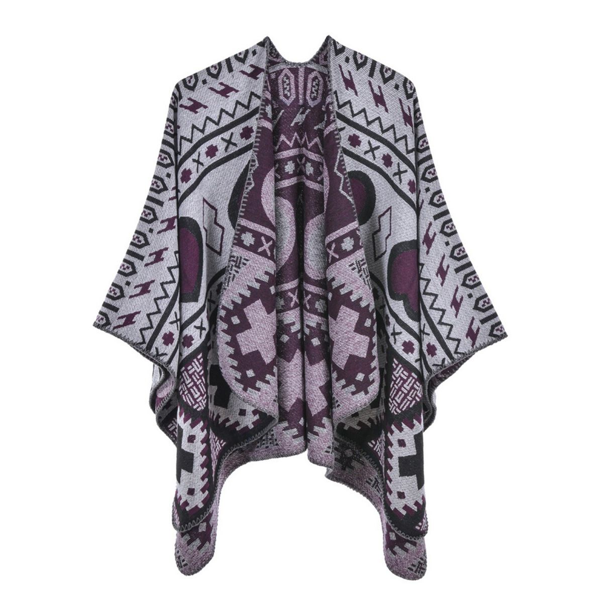 Shawl Wraps For Women Geometrical Pattern Open Front Poncho Cape Long Cardigan Sweater-purple