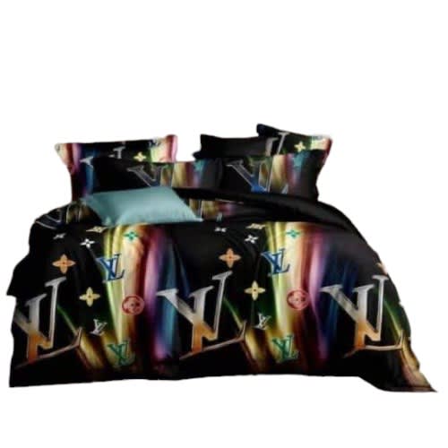 Lv Inspired Bedsheet And 2 Pillow Case Bedding Set - Black Rainbow - 6 By 6