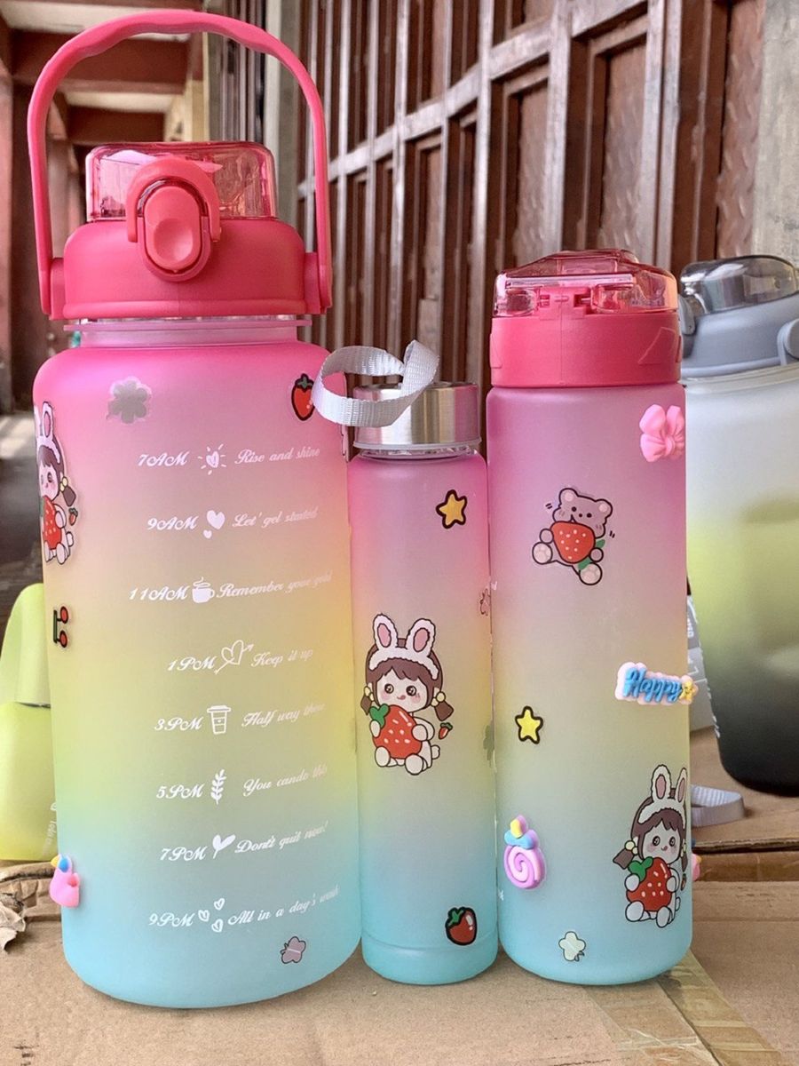 3in1 3D Sticker Motivational Drinkware Straw Water Bottle