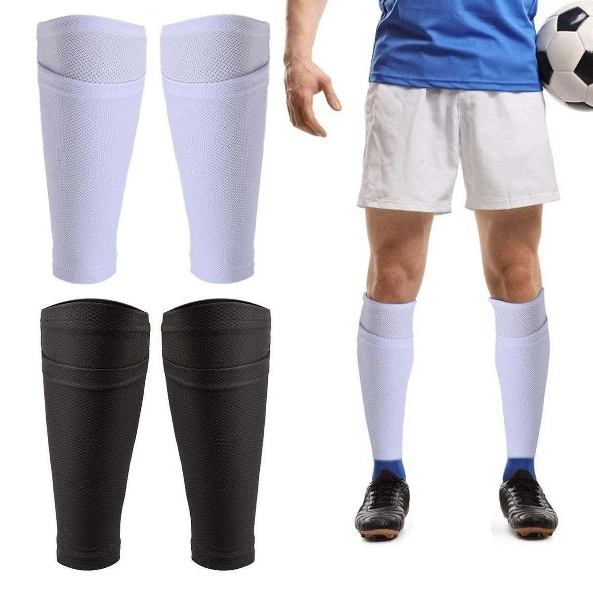 2Pairs Soccer Shin Guard Socks Breathable Soccer Shin Guard Sleeves Shin Pads Holder for Kicking Ball Running Cycling L