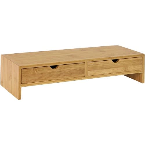 Bamboo Computer Screen Monitor Stand Organizer With 2 Drawers