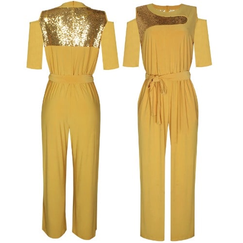 Embellished Cold Shoulder Jumpsuit - Yellow