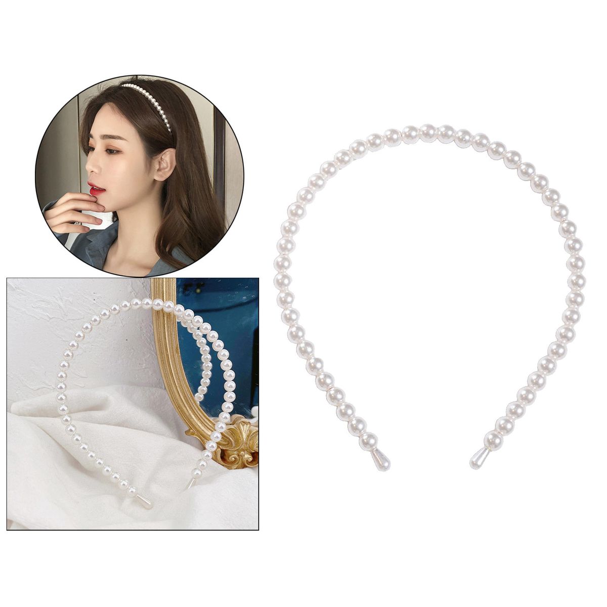 Hellery White Faux Pearl Headband Hairbands Bridal Bling Hair