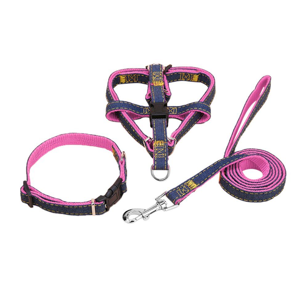Pet Dog Nylon Harness Collars 3PCS/SET Adjustable Leash Traction Belt Rope Denim Pink S
