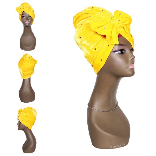 Butterfly Embellished Velvet Turban Cap - Yellow
