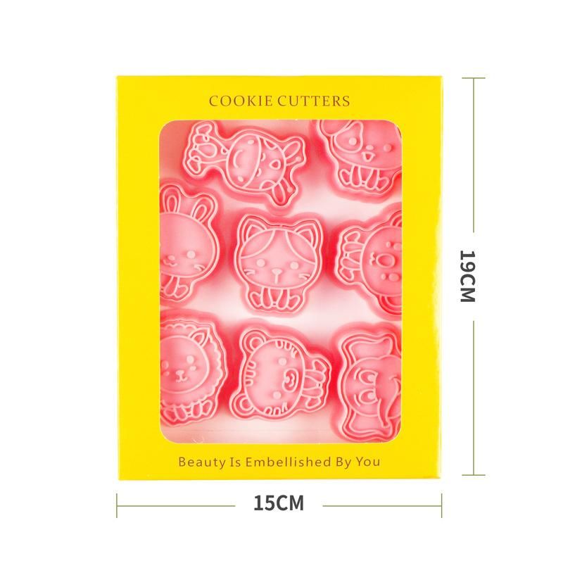 Cartoon Animal Biscuit Mold Plastic 3D Three-dimensional Household Cake Mold Press Baking Cake Giraffe Tiger Cartoon animal eight-piece set(86)