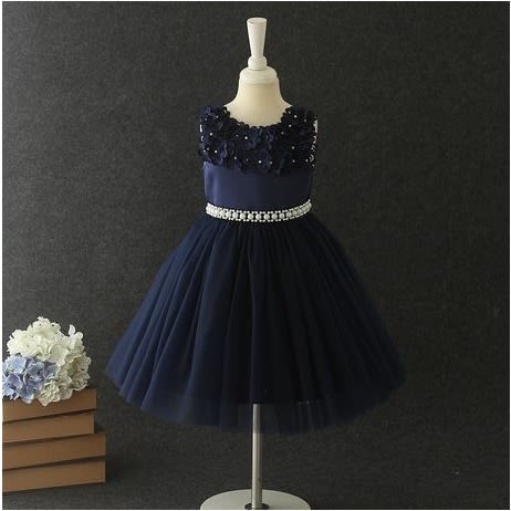 Girl Gown Petal Chest With Pearls - Navy Blue