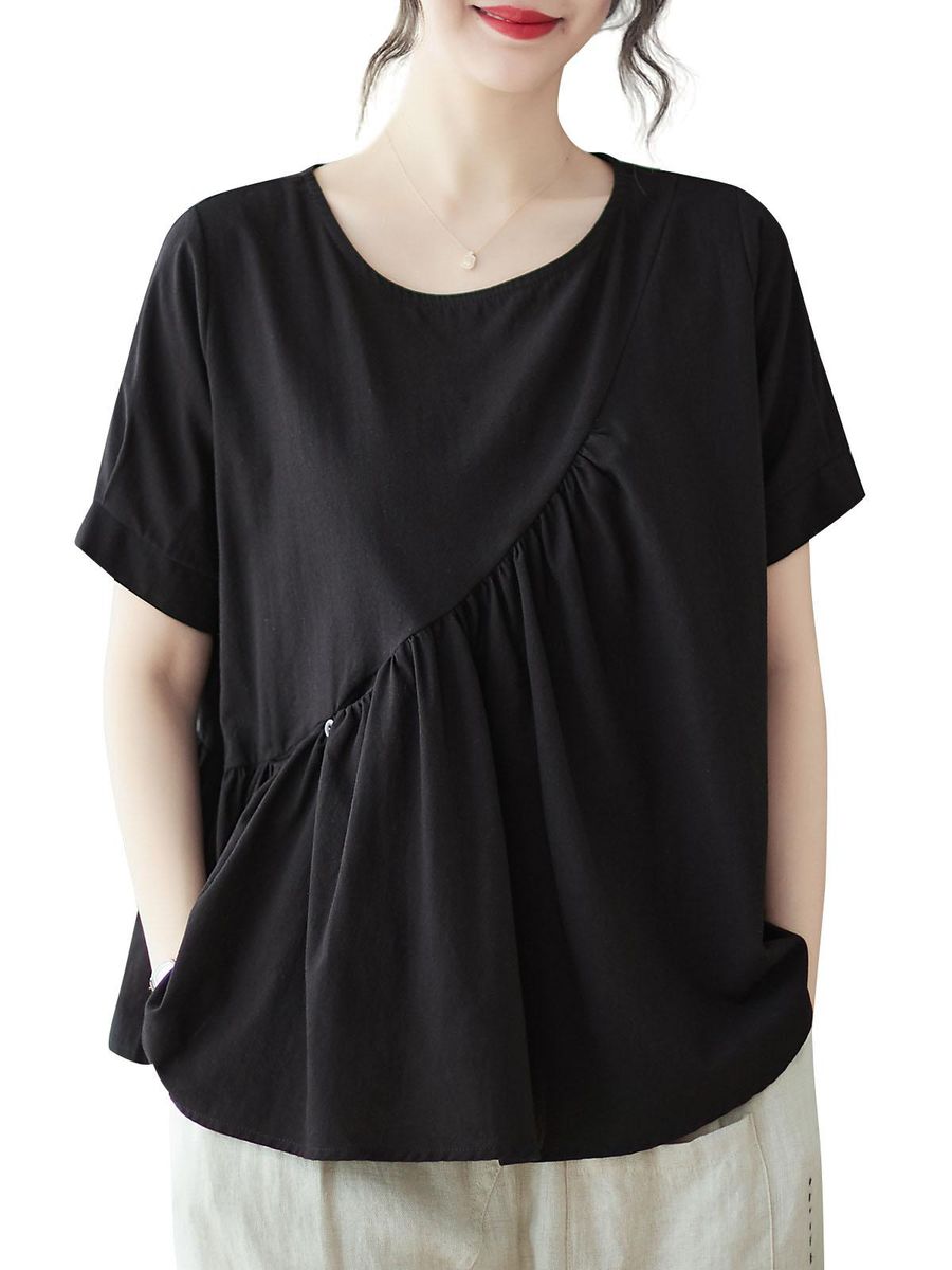 Women Loose Blouse Short Sleeved Flared Vintage Holiday T-Shirts