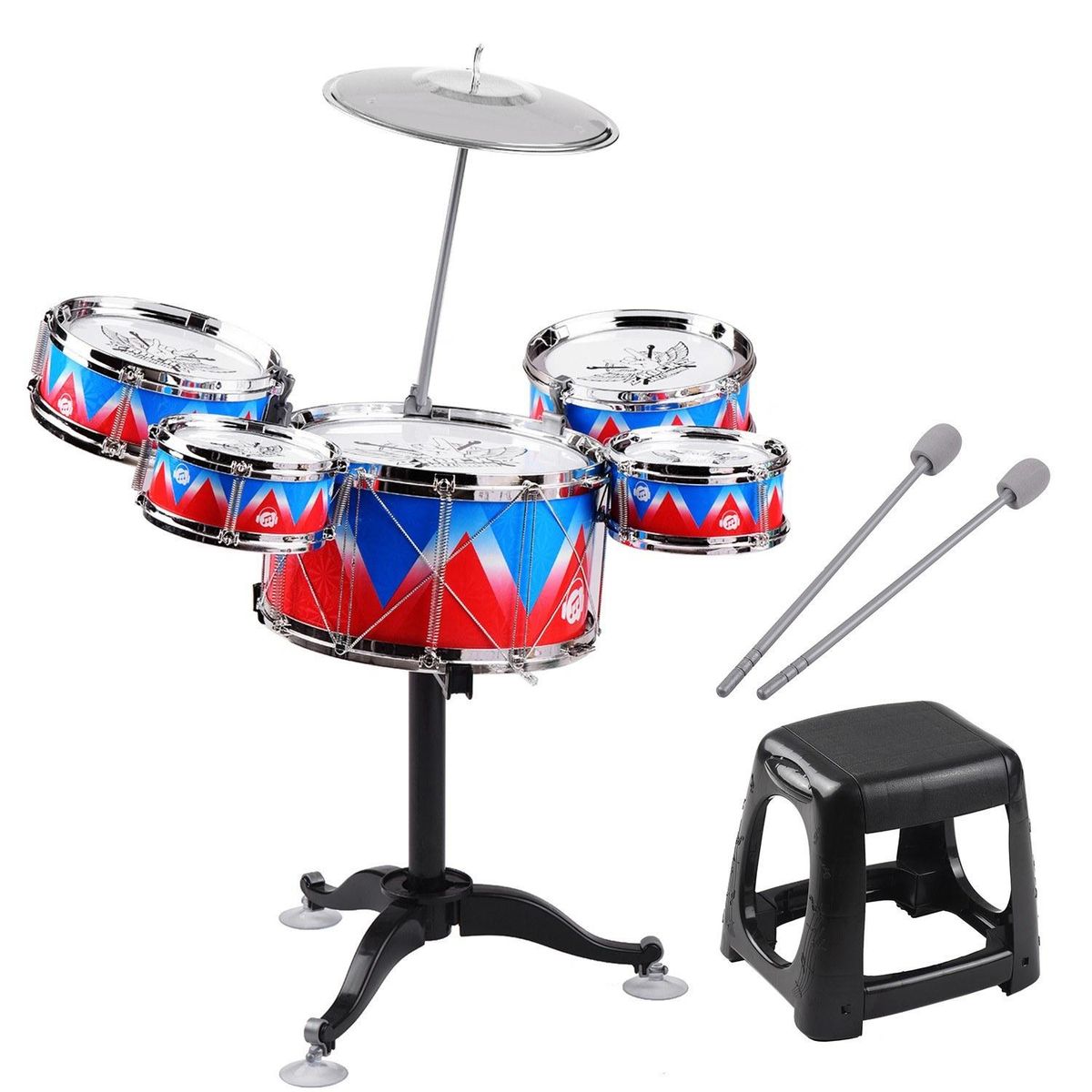 Kid Jazz Drum Set Single Drumhead 5PCS Drums with Cymbal Drumsticks Adjustable Stool Percussion Musical Instrument Toy Playset for Boy Girl Children Christmas Birthday Gift