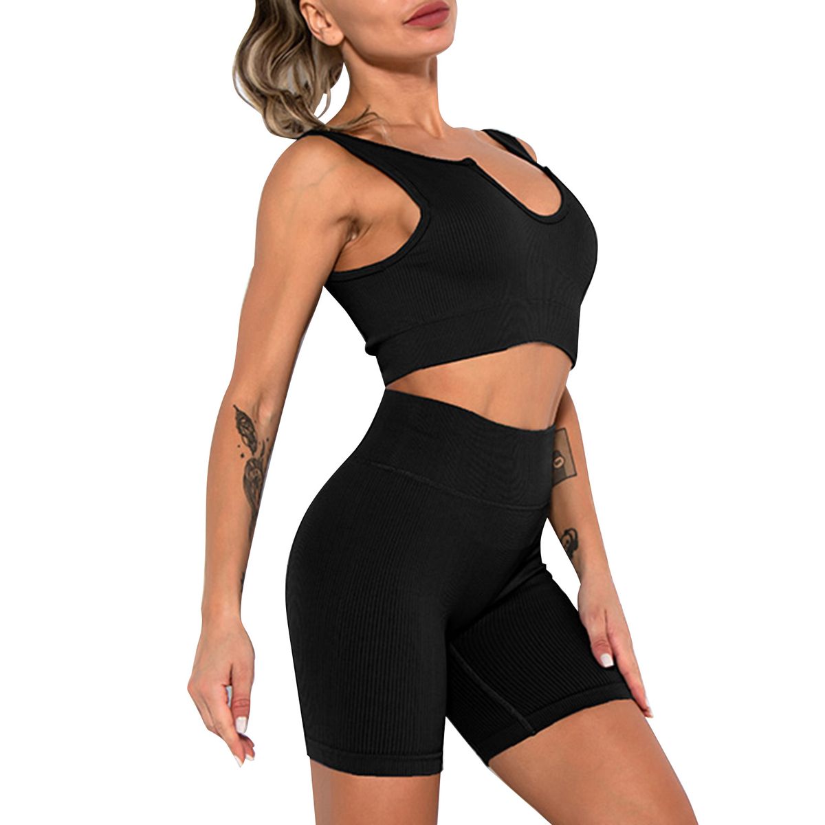 Women Sports Set Ribbed Crop Tops Removable Pad High Waist
