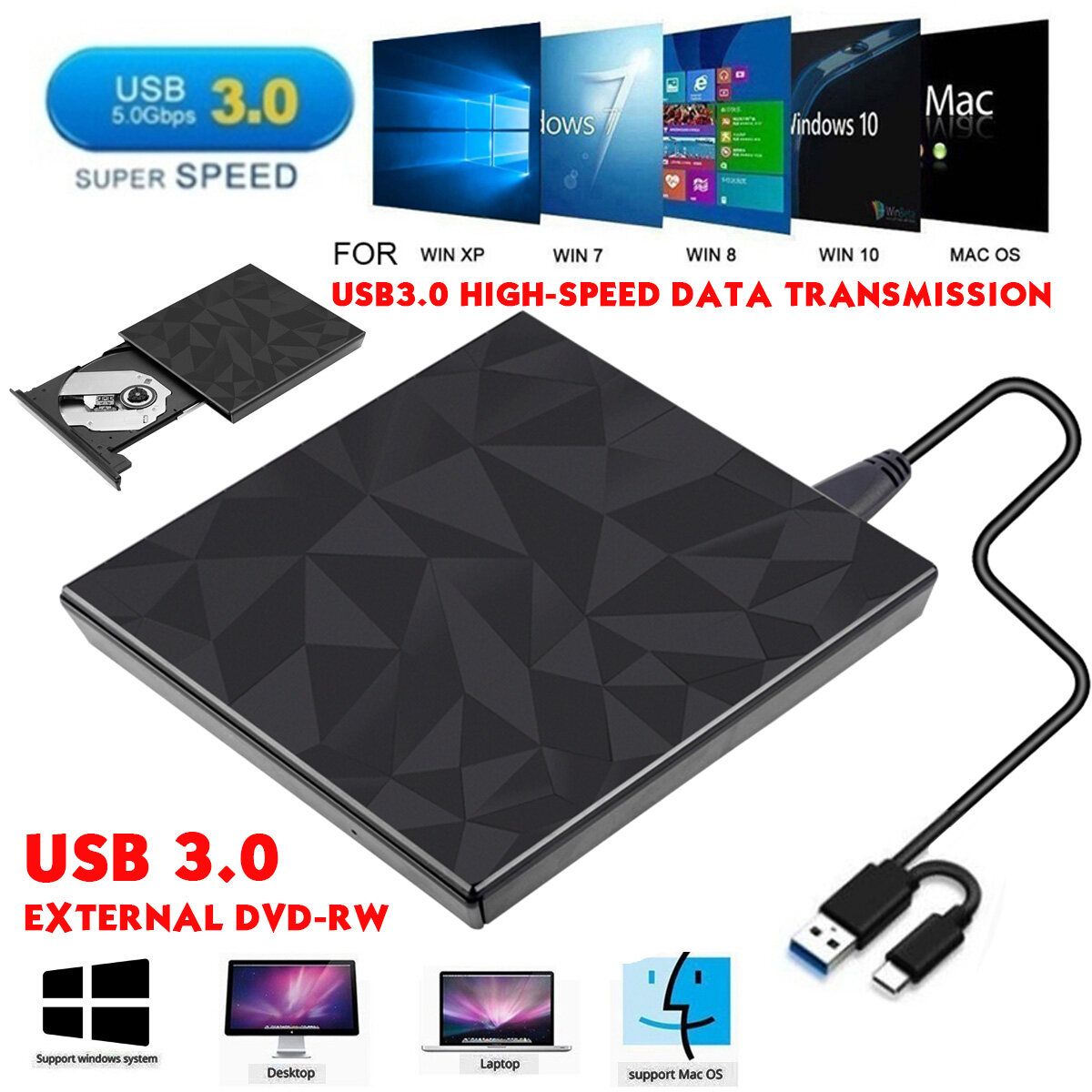 USB 3.0 Type- Mobile External DVD-RW CD-RW Read And Write DVD CD Notebook Recorder Driver Fast Data Transfer