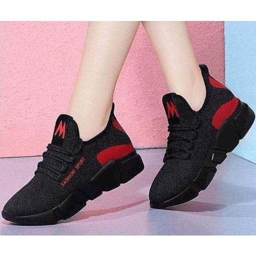 Women Lightweight Sports Sneakers - Black And Red