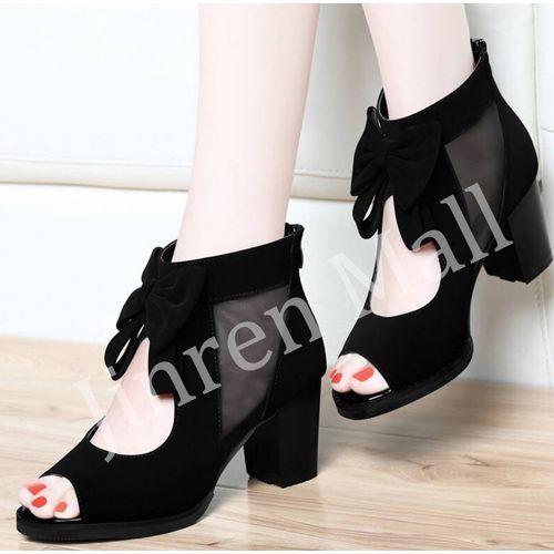 Ladies Fashion Chunky Heel Bow Sandals-Black