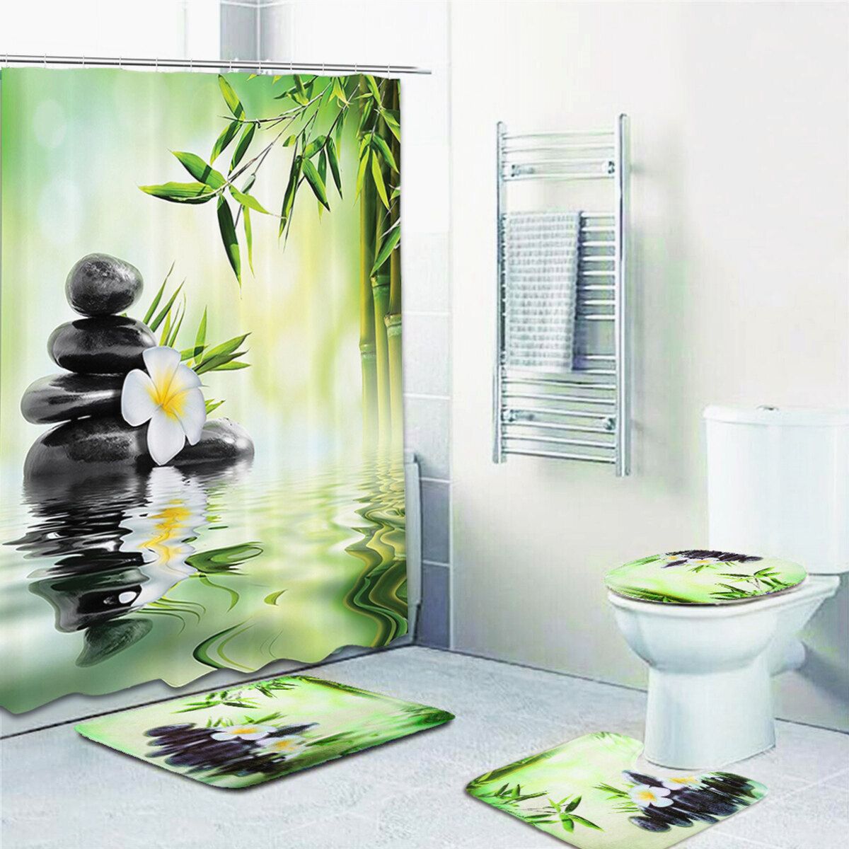 4pcs Bamboo Wave With 12 Hooks Bathroom Shower Curtain