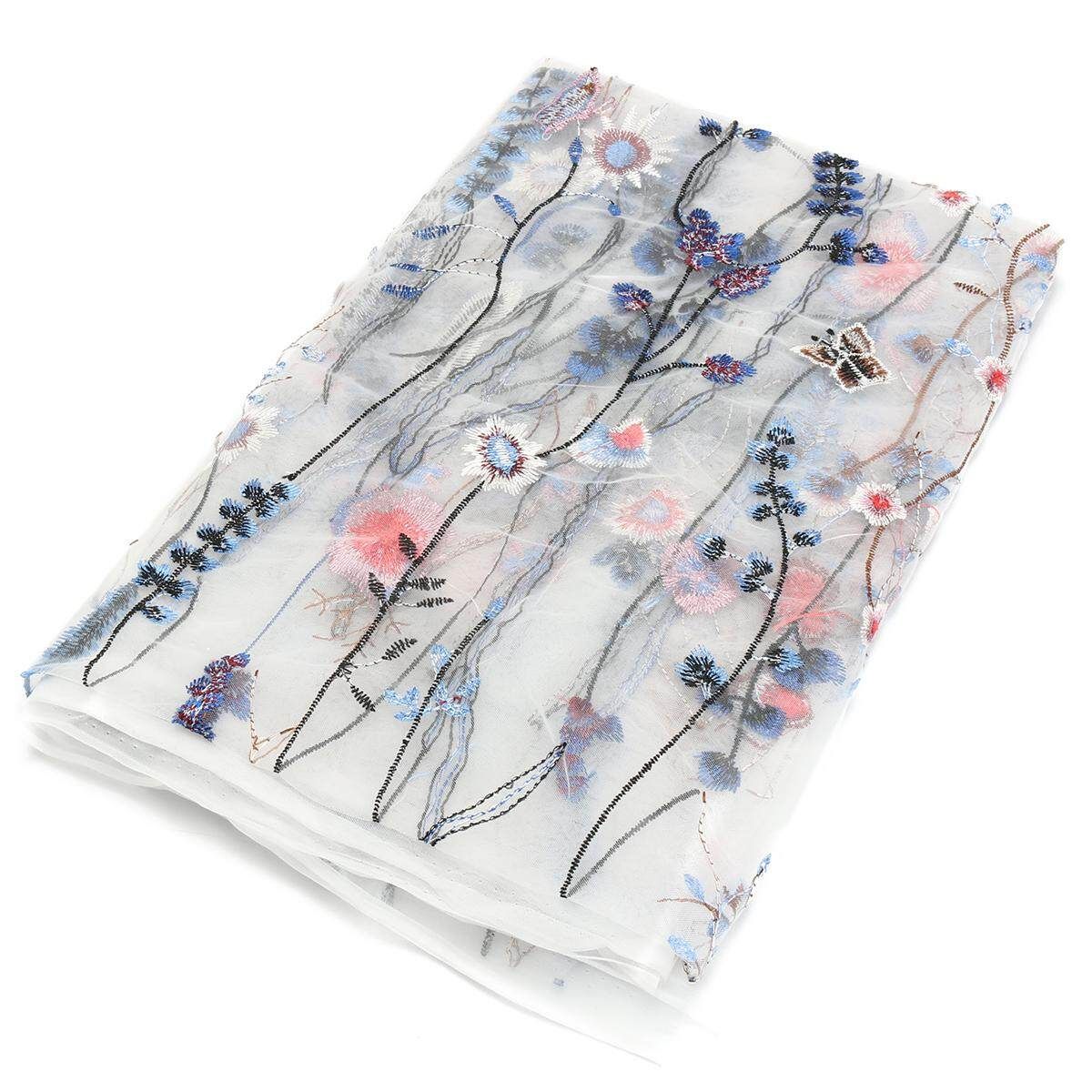 1 Yard Vintage Floral Embroidery Mesh Wedding Dress Lace Fabric 53" Width Blue On White