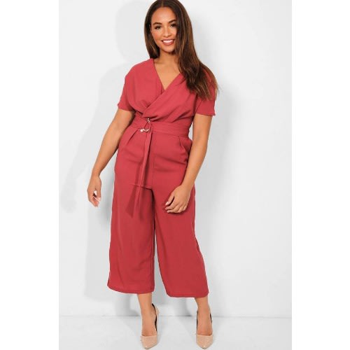 Wrap Neck Belted Cropped Culotte Jumpsuit