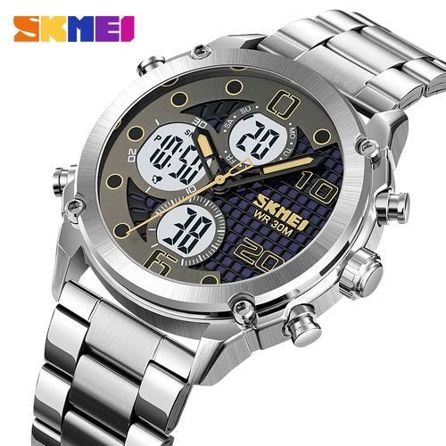 Multifunctional Stainless Steel Silver Dual Time Men's Wrist Watch