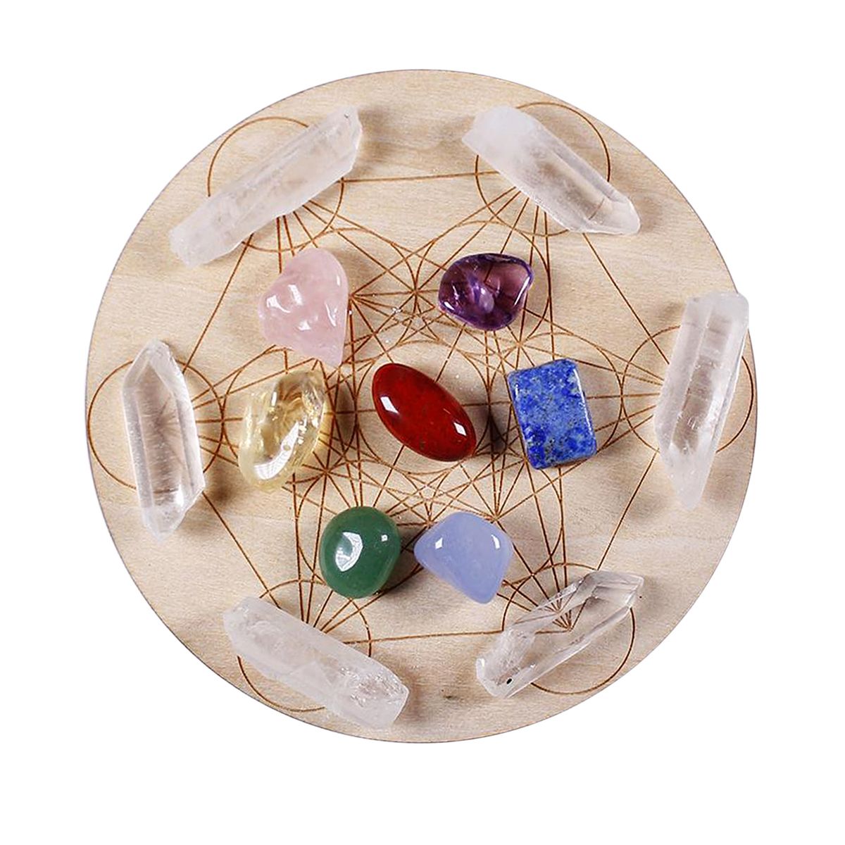 Crystal Heal Stone  Wood Plate Raw Quartz Collection Gem Spiritual C