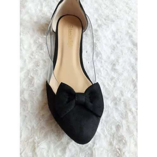 Fancy Transparent Bow Detail Ladies Flat Shoes - Black
