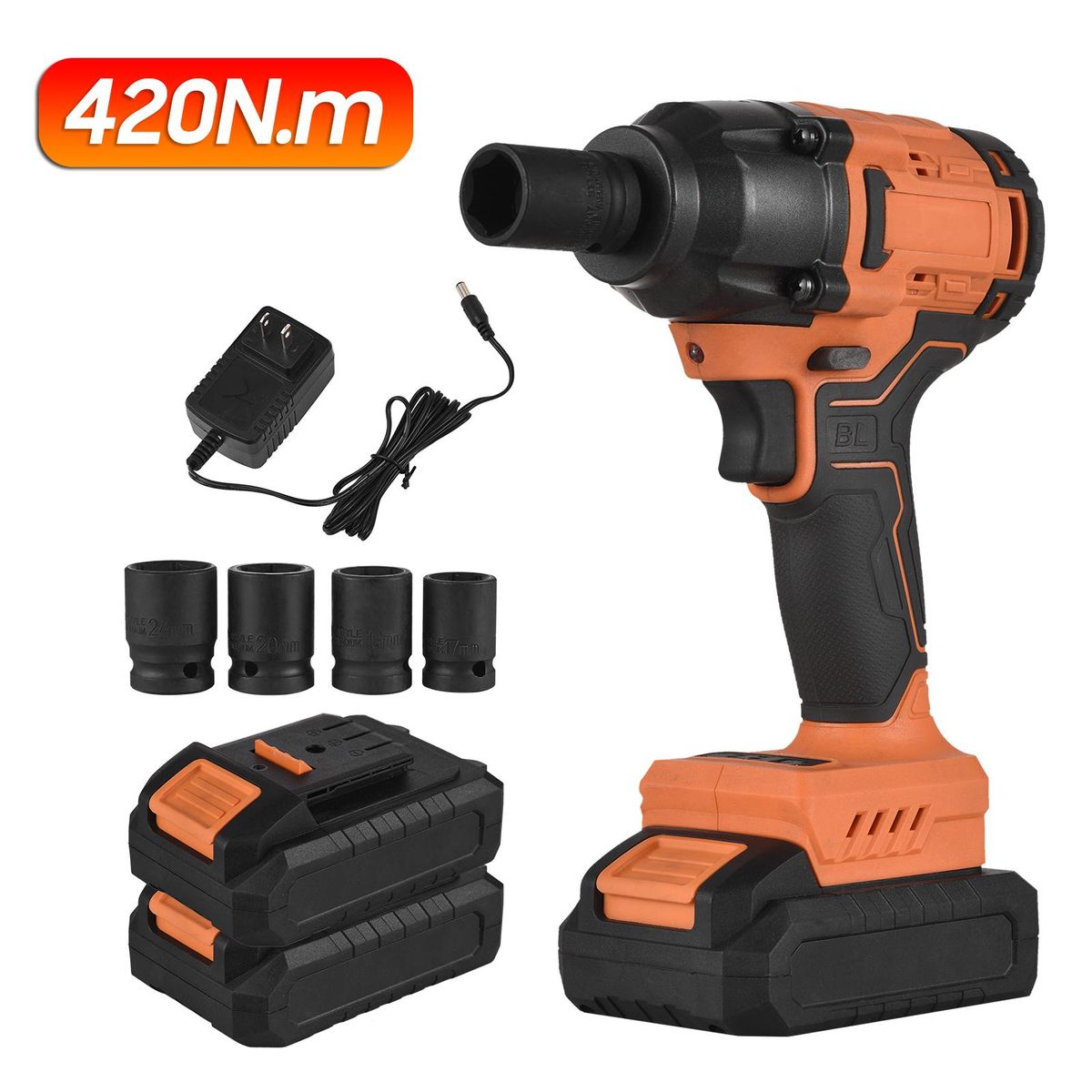 20V Cordless Brushless Impact Wrench with 1/2in Chuck Variable Speed 420N.m Torque Handheld Power Wrench with 4 Sockets 2 PCS 1.5Ah Lithium Battery Fast Charger for Removing Nuts Bolts Auto Repair
