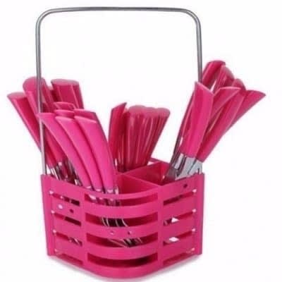 24 Pieces Cutlery Set With Stand - Pink