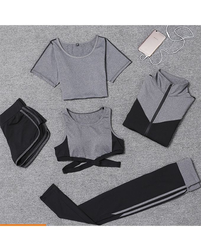 New Women Yoga Clothes 5 Piece Girl Yoga Sets 6-14 Fitness Clothing Running Tracksuit Plus Size Jogging Tights-Grey