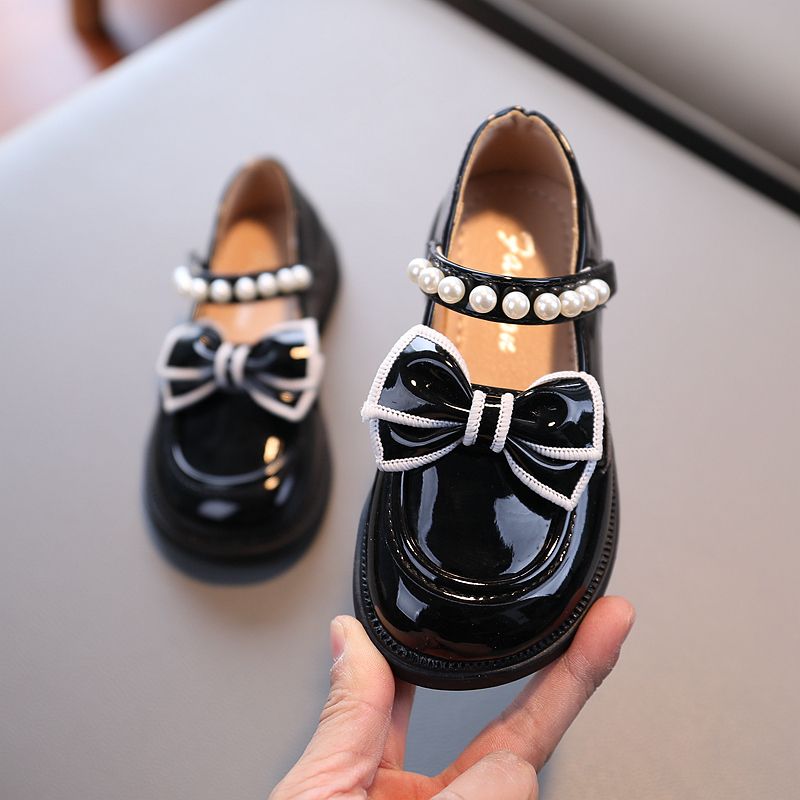 Girls Bow-knot Mary Jane Slip On Shoes Kids Flat Princess Shoes (Black)