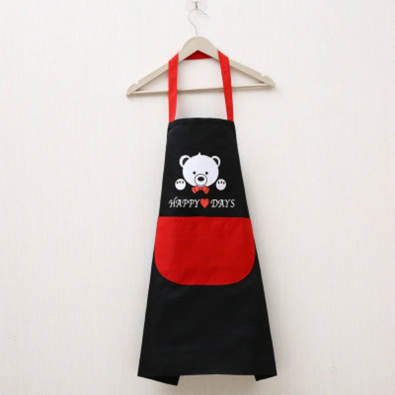 Waterproof Polyester Apron Woman Adult Bibs Home Cooking Baking Coffee Shop Cleaning Kitchen Accessory Bear Black Red Pocket
