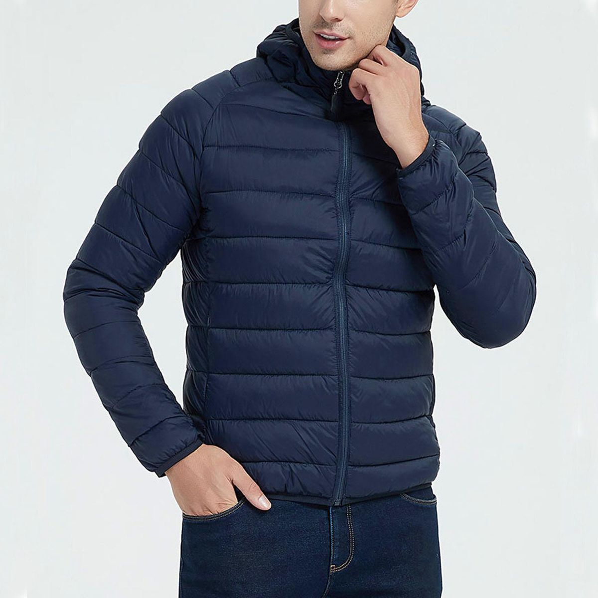 Slim Men's Winter Down Jacket Water-Resistant Packable Dark Blue L