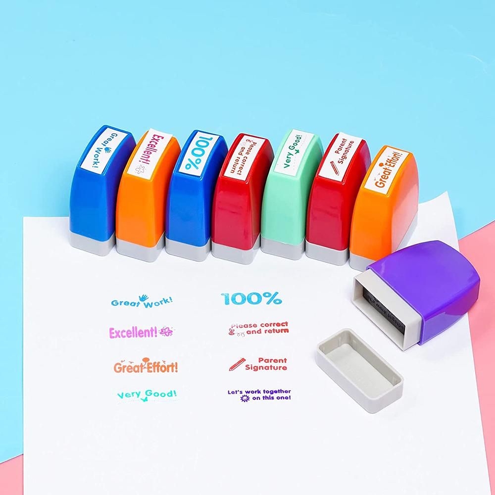 8pcs Self Inking Teacher Stamp Set Colorful Grading Stamp Set Encourage Message Stamp