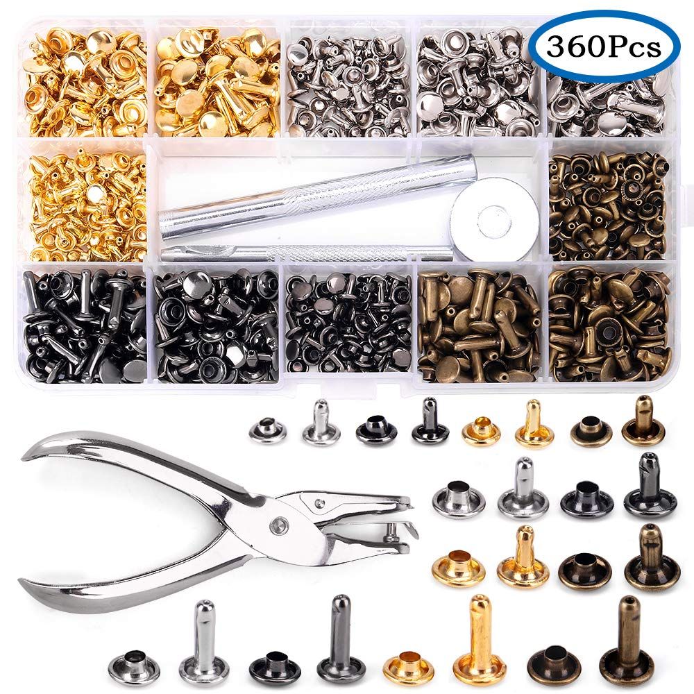 Leather Rivets Kit,360 Sets Double Cap Brass Rivets Leather Studs