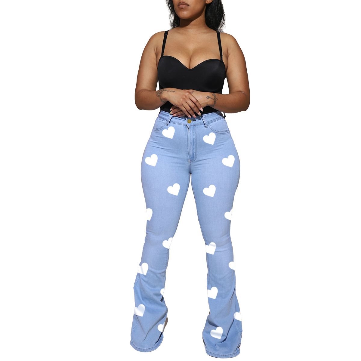 Women Love Printed Wide Leg Denim Trousers Slim Lady High-waisted Jeans
