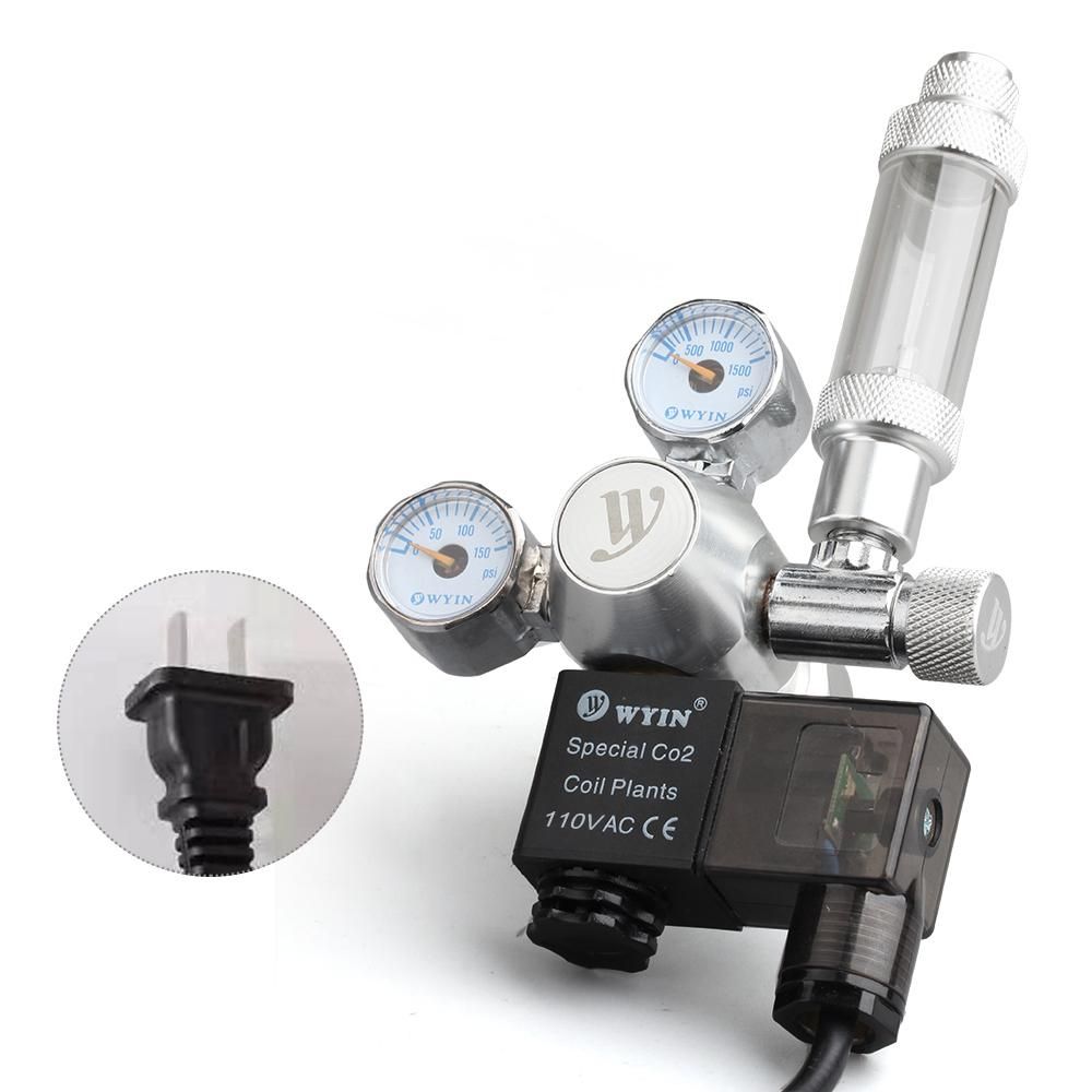 12V Output Voltage Aquarium CO2 Regulator CO2 Pressure Regulator with Solenoid Double Pressure Gauge Bubble Counter & Check Valve for CO2 Aluminun Cylinder G5/8 Interface
