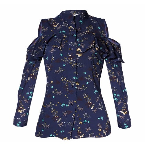 Floral Chiffon Cold Shoulder Long Sleeve Shirt - Blue