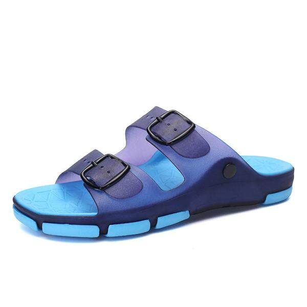 Fashion Big Size Double Buckle Match Slippers Comfortable Slip On Sandals Men's Light Grey Blue {44}