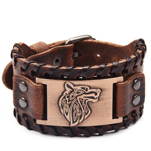 Unisex Wolf Leather Braided Bracelet - Bronze Plate