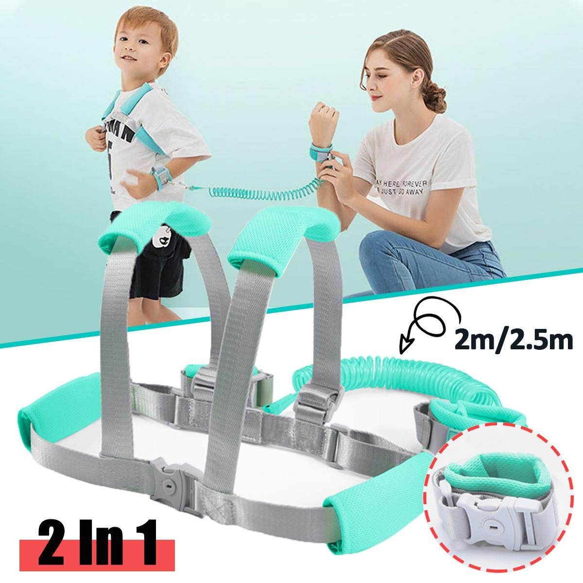 2/2.5M Toddler Kids Baby Anti-lost Safety Walking Harness + Wrist Link Hand Strap Leash Green