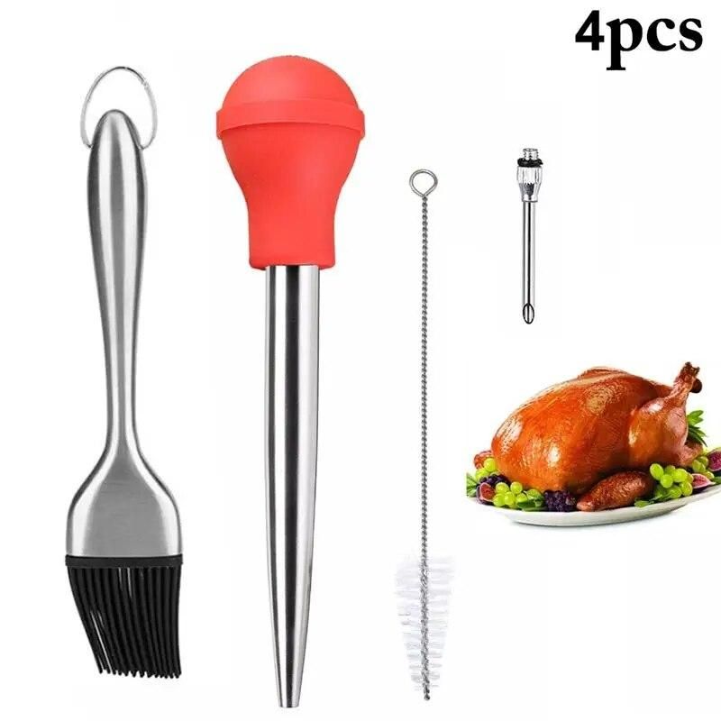 Silicone Chicken Turkey Baster Meat Syringe Marinade Injector Including Needle And Extra Brush BBQ Kitchen Assessoies