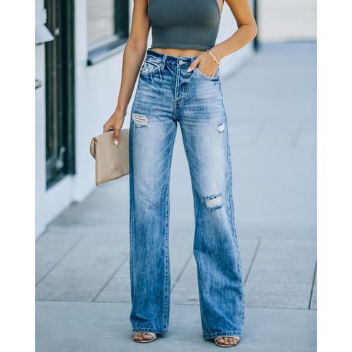 Women Hole Slim Wide Leg Denim Trousers Lady Jeans