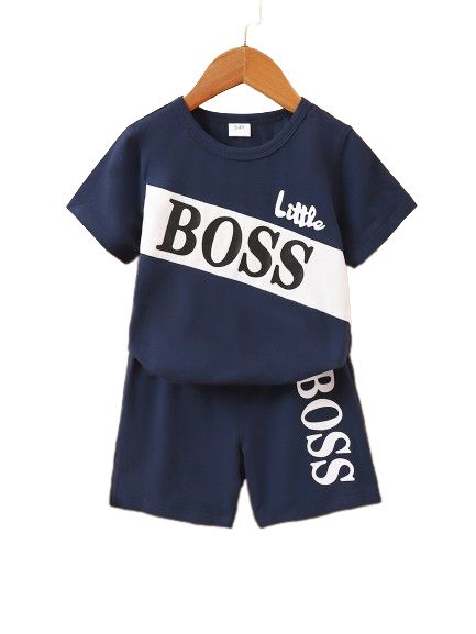 1-6 Years Kid Boy Letter Boss Print T-shirt+ Blue Shorts