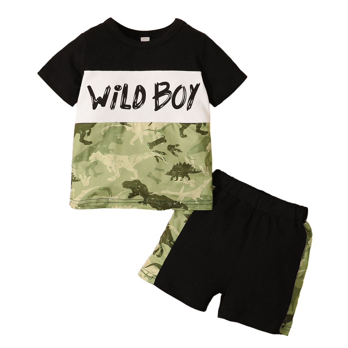 Kid Boy Summer Fashion Dinosaur Design Short Sleeve Shirt Black Pants