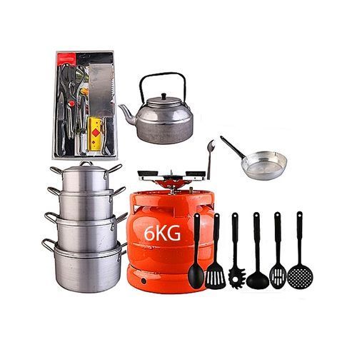 Economy Kitchen Bundle (6kg Gas Cylinder + 4 Pots + 1 Kettle + 1 Frying Pan + 1 Set Of Non-stick Frying Spoons + 1 Small Knife + 1 Set Of Table Spoons)