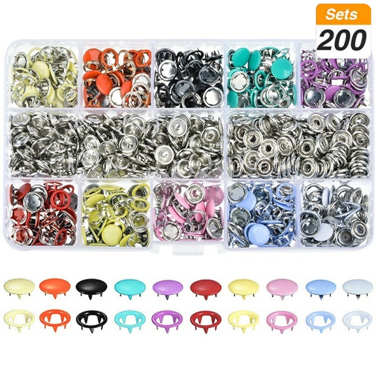 Press Studs Buttons Rings Snap Fasteners Metal Grommet Tool Kit 10 Colors -- 200pcs /100 Pcs 200 Sets